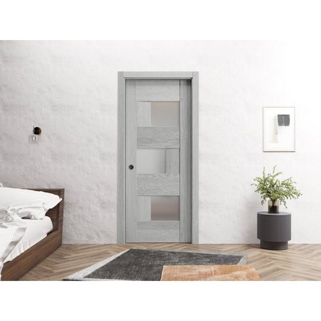 Sartodoors Slab Barn Door Panel 28 x 96in, Light Grey Oak W/ Frosted Glass, Pocket Closet Sliding SETE6933S-OAK-2896